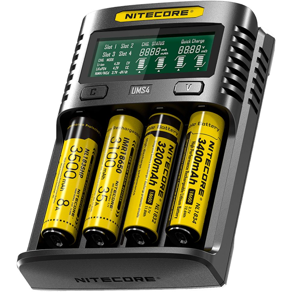 Зарядний пристрій NITECORE Digicharger UMS4 універсальний Додатково LCD дисплей; совместимо c Li-ion / IMR / Ni-Mh / Ni-Cd аккумуляторами; одновременная независимая зарядка до 4-х аккумуляторов разных типоразмеров; размер: 159 x 107 x 41 мм
