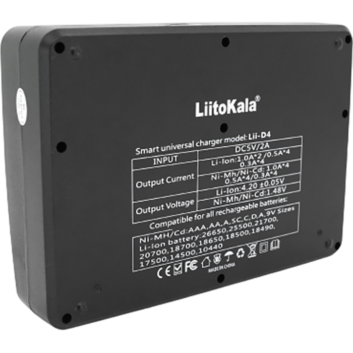 Зарядное устройство LIITOKALA (Lii-D4) Дополнительно Совместимо с: Ni-MH и Ni-Cd AA (R6), ААA (R03), AAAA, С (R14), Li-ion/IMR: 32650,21700,18650