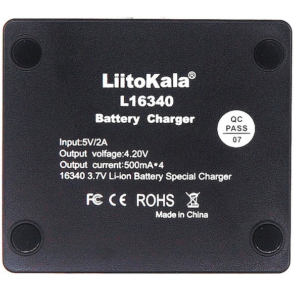 Зарядное устройство LIITOKALA Lii-16340 универсальное Дополнительно 4 канала; для Li-Ion (3,7 V) аккумуляторов; защита от короткого замыкания, защита от перегрева, защита от перенапряжения, защита от перегрузки по току, защита от обратной полярности; размеры: 80 х 70 х 25 мм