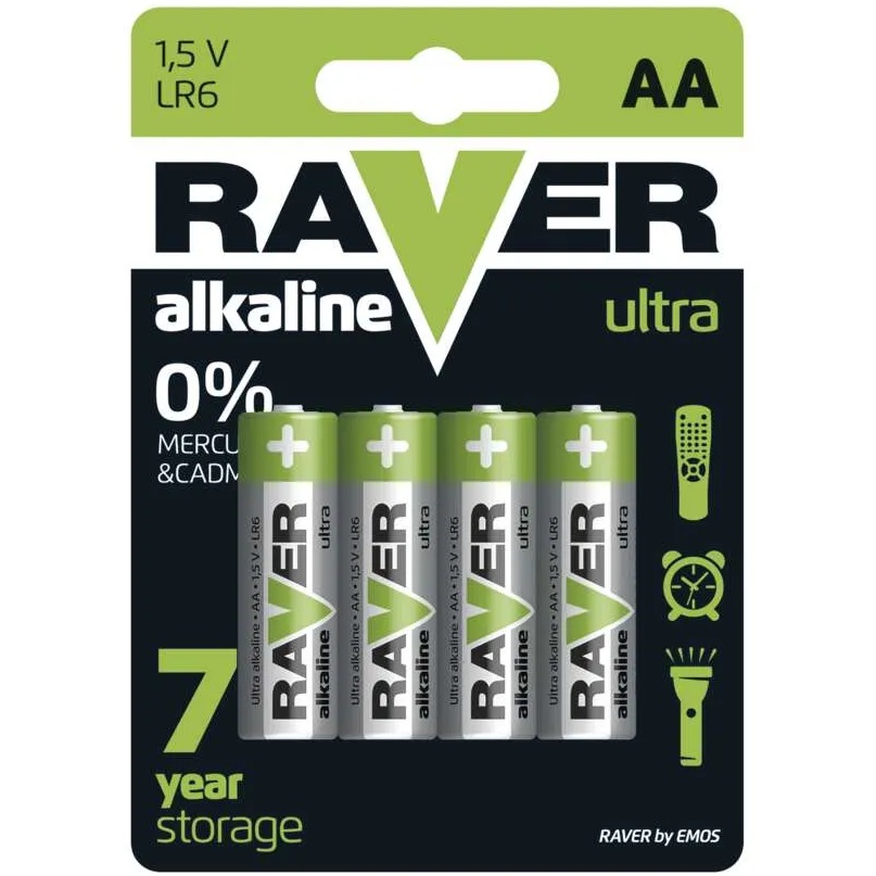 Батарейки EMOS RAVER АА 4 шт. (B7921) Дополнительно тип: LR06;  для пультов дистанционного управления, часов, будильников, фонариков, калькуляторов, беспроводных датчиков