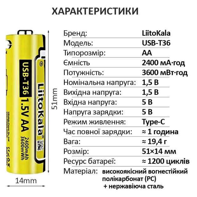 Аккумулятор LIITOKALA USB-T36 AA 2400mAh с USB Type-C 1 шт Электрохимическая система литий-ионная (Li-ion)