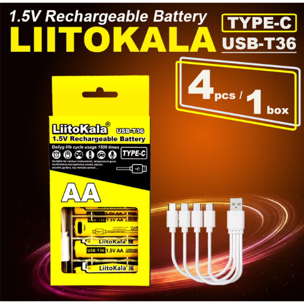 Акумулятори LIITOKALA USB-T36 із USB Type-C 4 шт + кабель зарядки (USBT364+cable) Особливості USB Type-C роз'єм