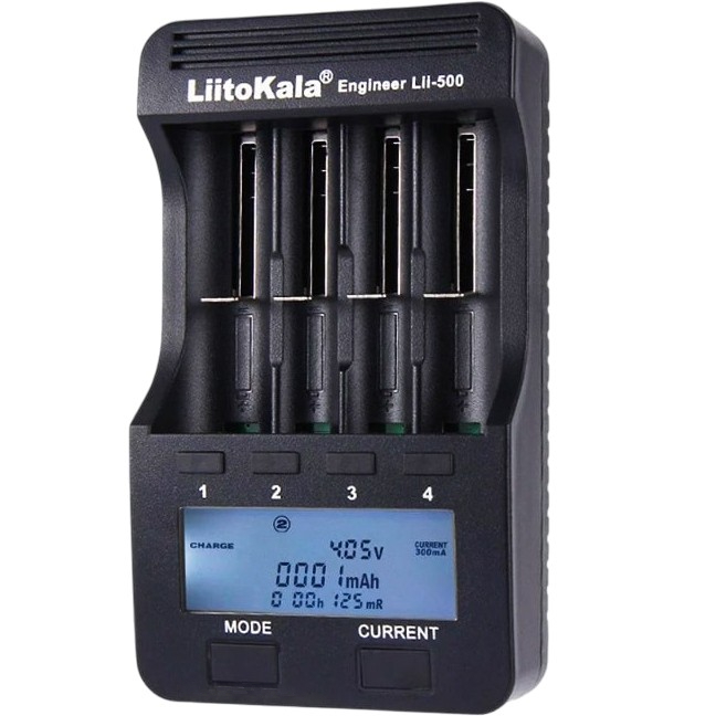 Зарядное устройство LIITOKALA Lii-500 EU Дополнительно с функцией PowerBank; для подзарядки аккумуляторов Li-ion, NiMH, NiCd; совместимые форматы: 26650, 22650, 18650, 18490, 17670, 17500, 17355, 16340, 14500, 10440, AA, AAA, A, SC; активация разряженных аккумуляторов и обнаружение неисправных