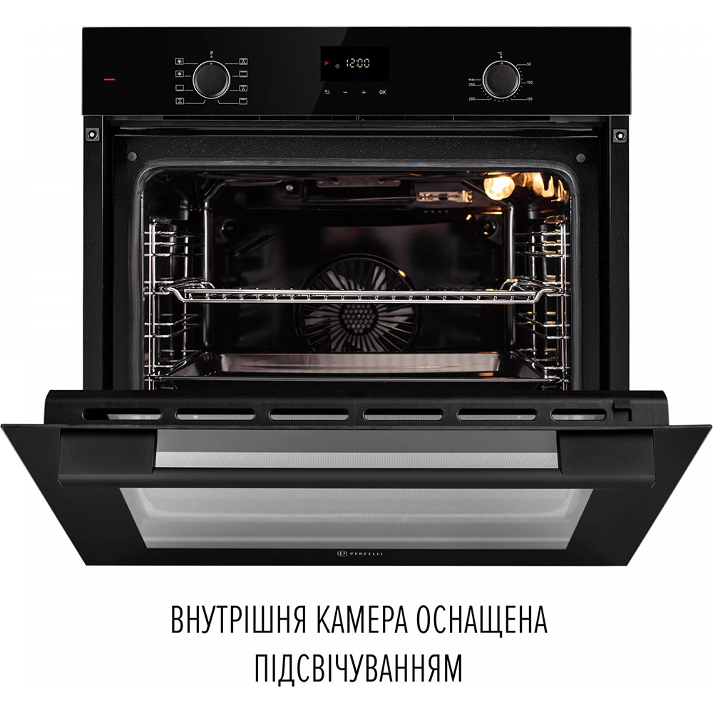 Духовой шкаф PERFELLI Perla 6D8I Nero Дополнительно съемное стекло, съемные направляющие, таймер с отключением духовки и отложенным стартом, тангенциальное охлаждение, функция напоминания (будильник)