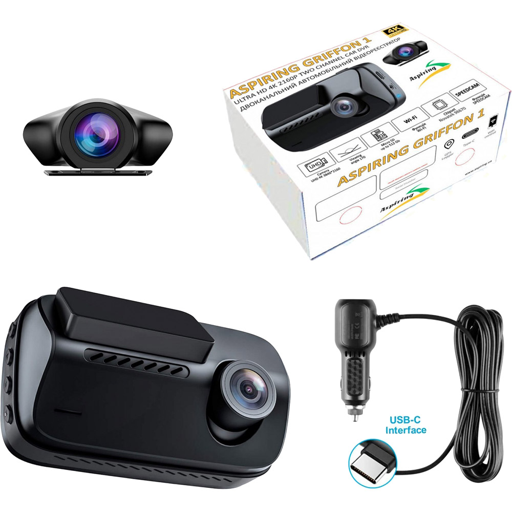 Изображение Видеорегистратор ASPIRING Griffon 1 Dual 4K Speedcam Wi-Fi GPS (GR1-4KSDWG)