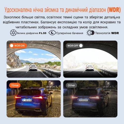 Відеореєстратор 70MAI Dash Cam S410 Оптика фронтальна камера: f/1.55; задня камера (RC15): f/2.2