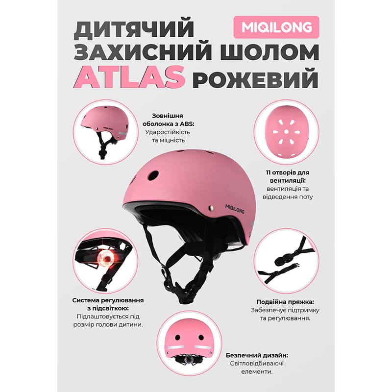 Внешний вид Детский защитный шлем MIQILONG Atlas S/M Pink (ATLAS-M-PINK)