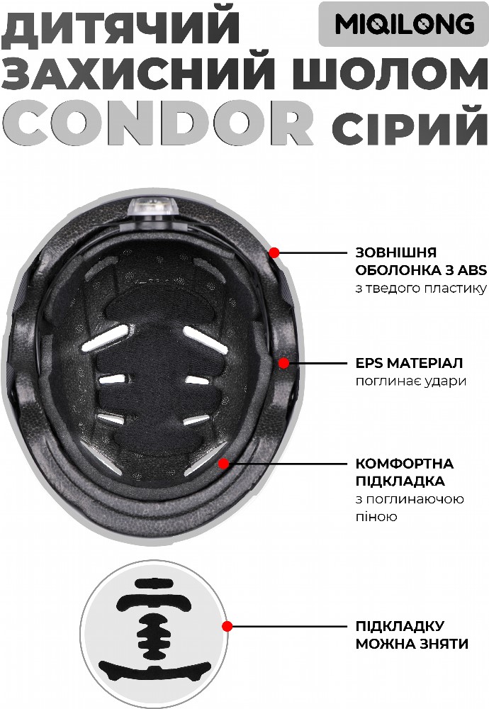 Фото Детский защитный шлем Miqilong Condor S/M Серый (CONDOR-M-GRAY)