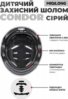 Детский защитный шлем Miqilong Condor S/M Серый (CONDOR-M-GRAY)