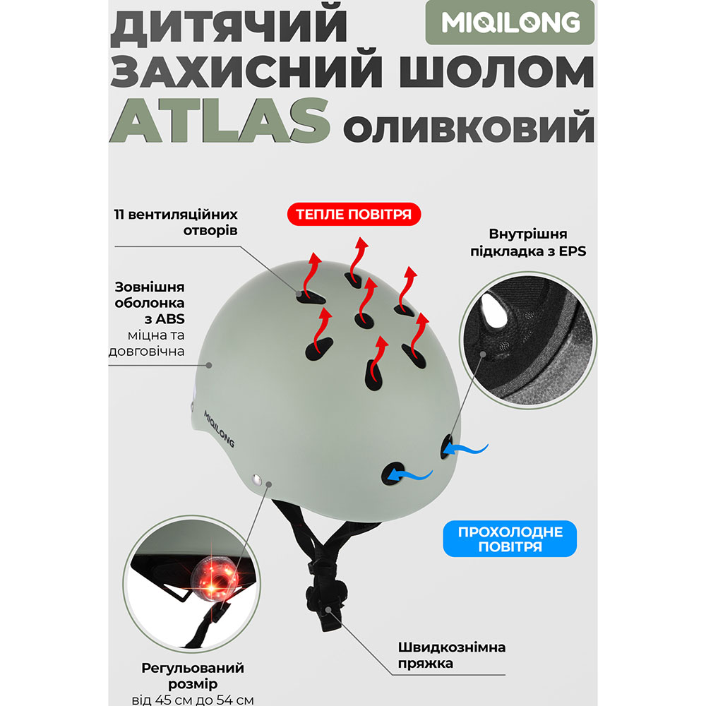 Фото Детский защитный шлем Miqilong Atlas S/M Оливковый (ATLAS-M-OLIVE)