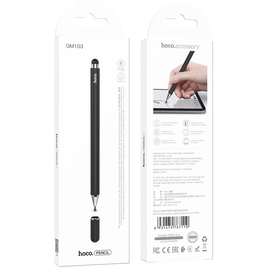 Стилус HOCO GM103 Universal Capacitive Pen Black (6931474767110) Дополнительно универсальная совместимость с сенсорными экранами, работает без подключения; точное и плавное касание; два сменных наконечника (1.5 мм и 3.5 мм); магнитный колпачок для защиты и переноски