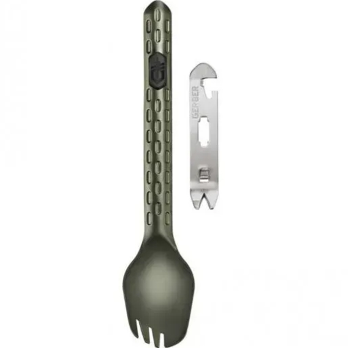 Ложка-вилка GERBER Cook Eat Clean Spork FSG (1028483) Особенности ложка, открывалка для бутылок, консервный нож, вилка, режущая кромка/подверженная кромка, зазубренная открывалка для пакетов, маленькая и большая плоская отвертка, монтировка