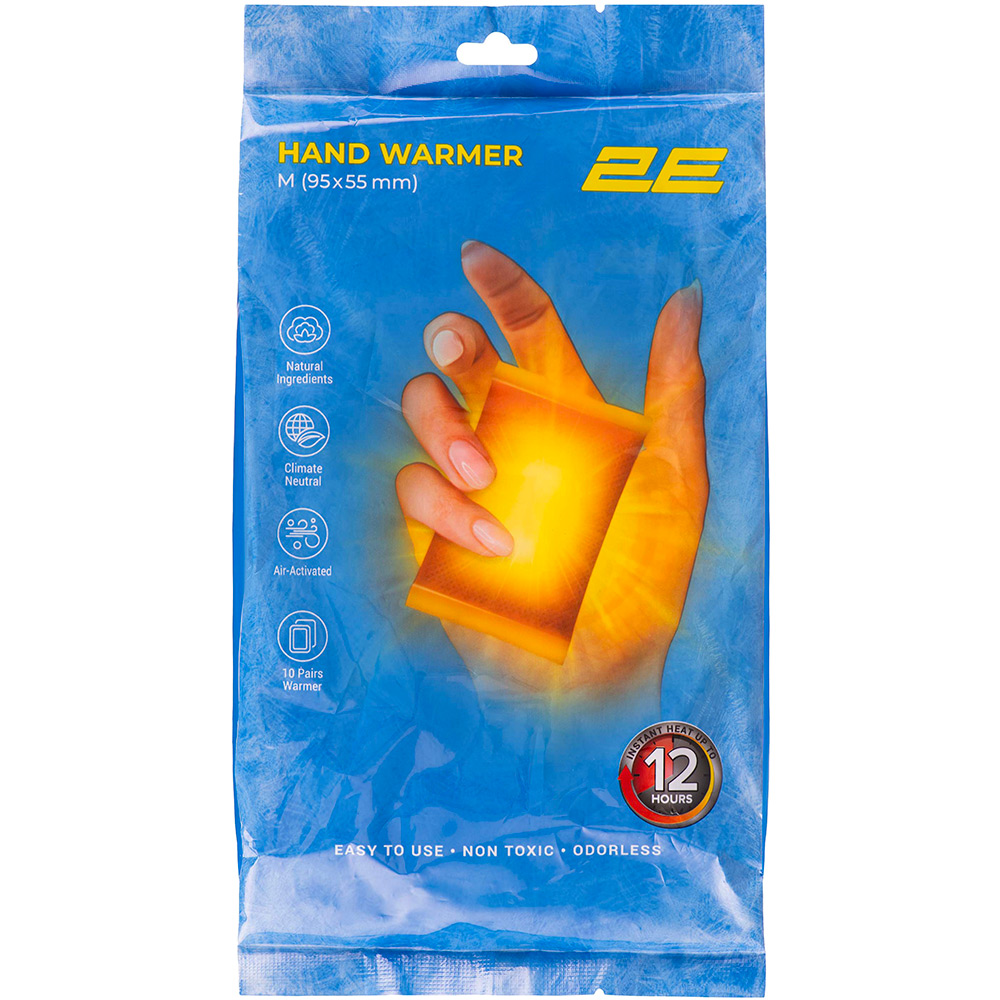 rest 2E Хімічна грілка для рук розмір М (95х55 мм), до 12 годин - 10 пар Дополнительно Состав: железный порошок, вода, вермикулит, активированный уголь, соль; Без запаха, Не токсична, Легка в использовании, активируется воздухом; Размер: M; Время действия: до 12 часов; Средняя температура: 55°C; Максимальная температура: 68°C