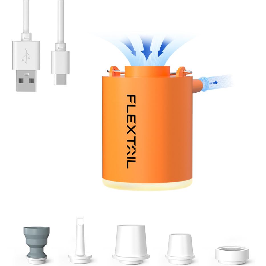 Насос-фонарь кемпинговый FLEXTAIL Tiny Pump Х Orange (6975755964379) Комплектация насос, 5 сменных насадок для разных клапанов, зарядный USB-C кабель и мешочек для хранения