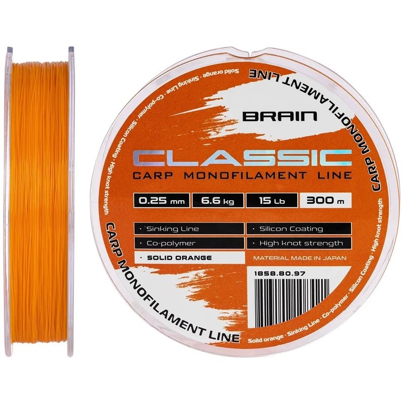 Леска BRAIN Classic Carp Line 300m 0.25mm 15lb 6.6kg Solid Orange (1858.80.97)