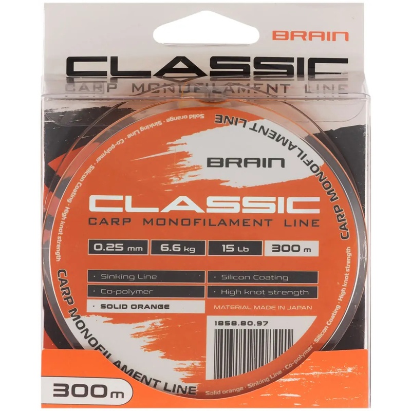 Леска BRAIN Classic Carp Line 300m 0.25mm 15lb 6.6kg Solid Orange (1858.80.97) динамическая ударная нагрузка 15