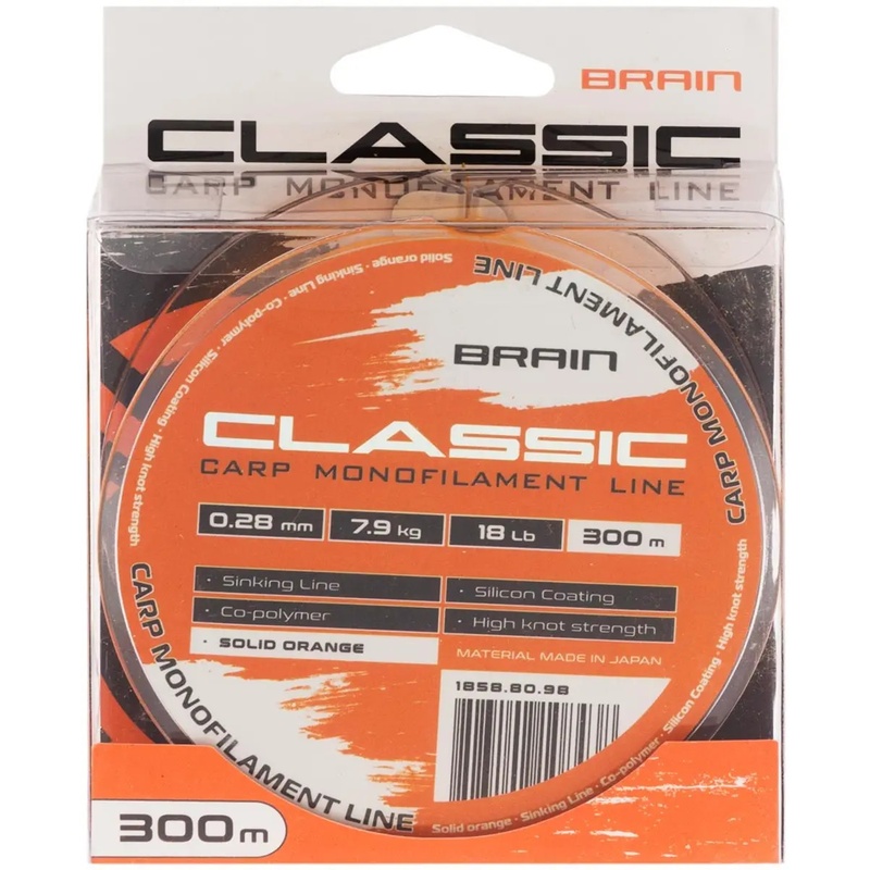 Лісочка BRAIN Classic Carp Line 300m 0.28mm 18lb 7.9kg Solid Orange (1858.80.98) динамічне ударне навантаження 18