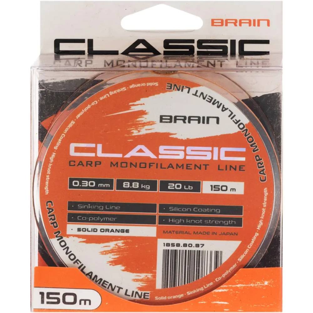 Леска BRAIN Classic Carp Line 150m 0.30mm 20lb 8.8kg Solid Orange (1858.80.87) динамическая ударная нагрузка 20