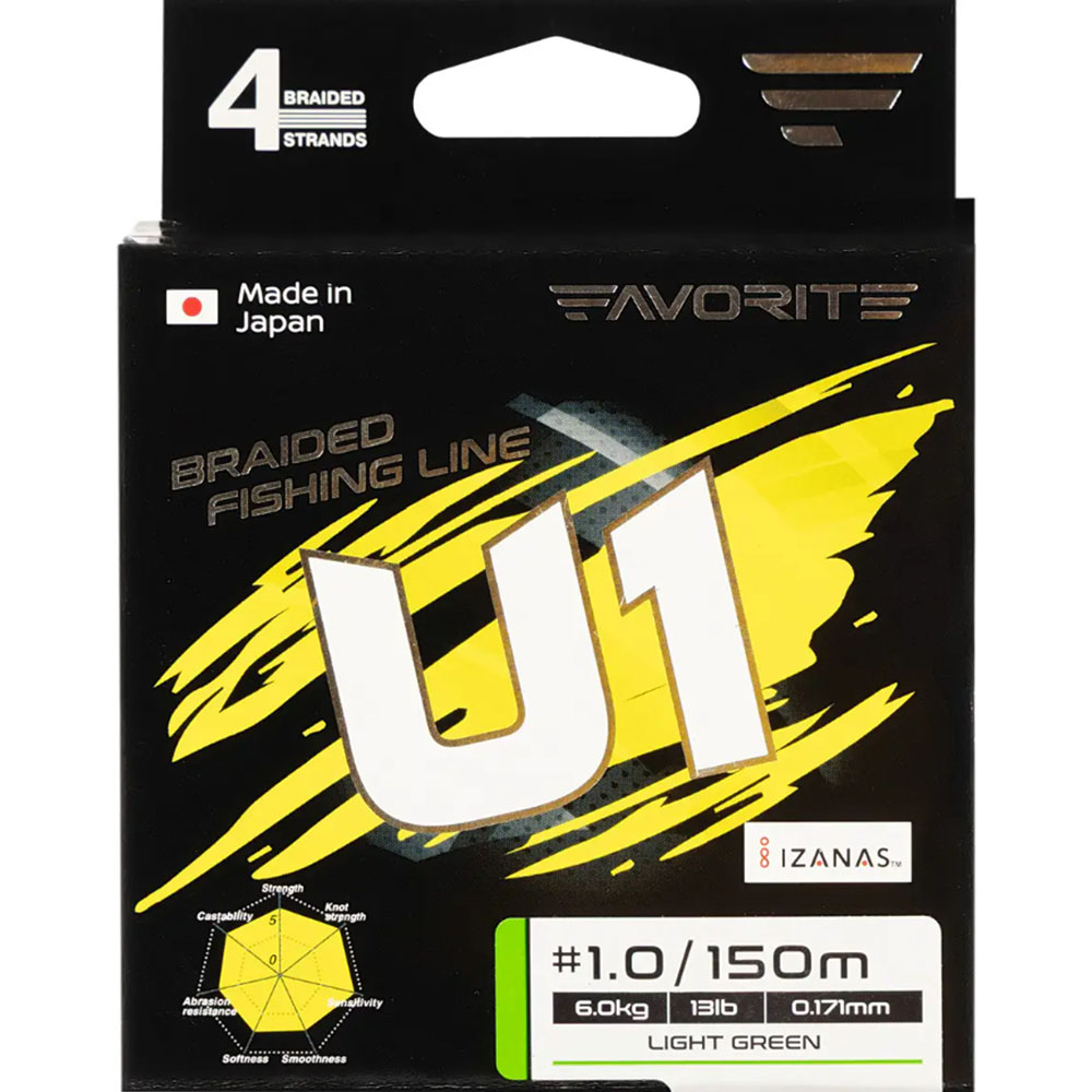 Шнур FAVORITE U1 PE 4x 150м #1.0/0.171mm 13lb/6.0kg Light Green (1693.11.57) динамічне ударне навантаження 13