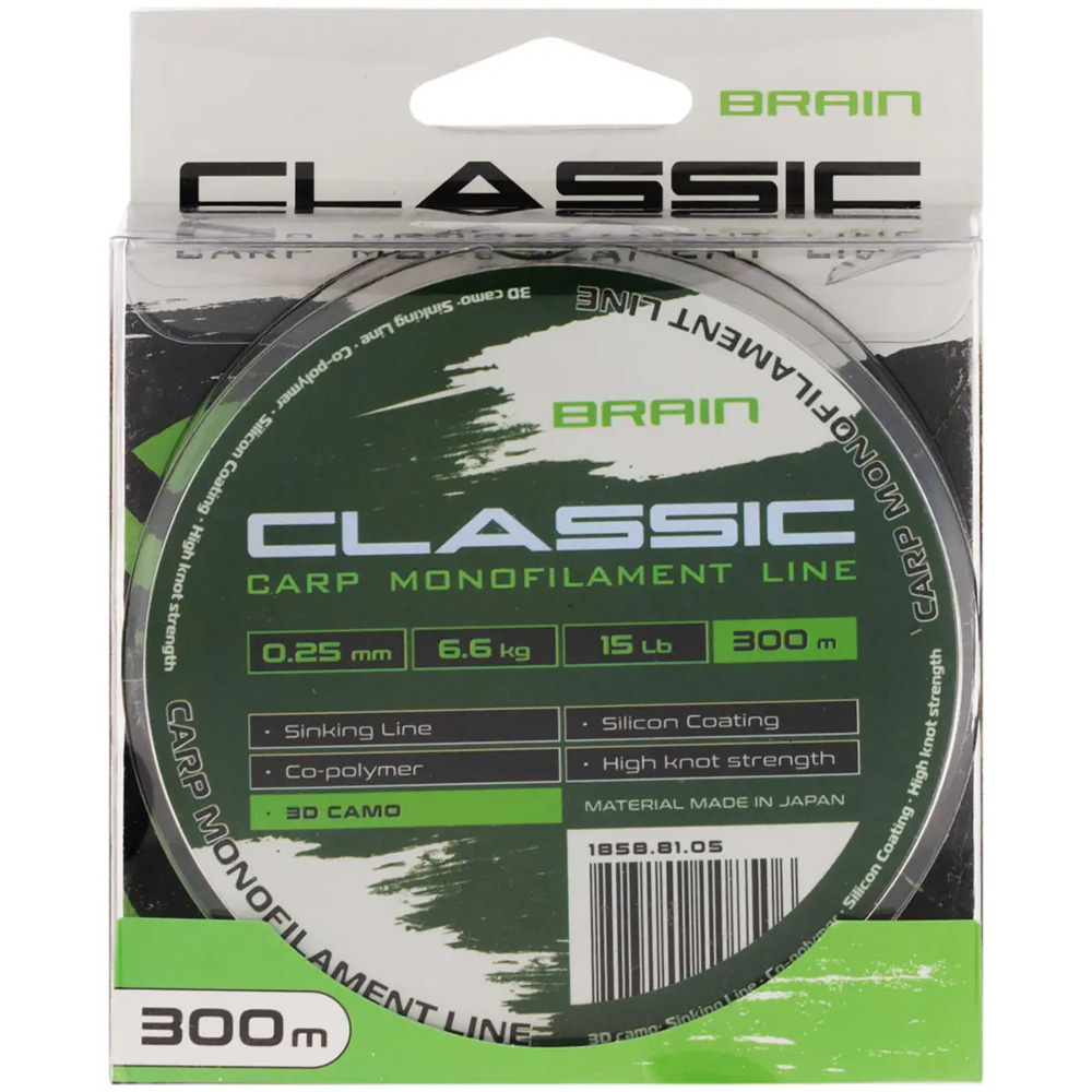Леска BRAIN Classic Carp Line 300m 0.25mm 15lb 6.6kg 3D camo (1858.81.05) динамическая ударная нагрузка 15
