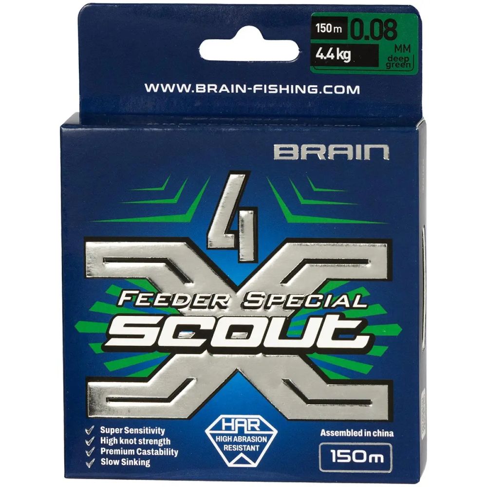 Шнур Brain Scout 4X 150 м 0.080 мм 4.4 кг Deep green (1858.55.26) навантаження на розрив 4.4