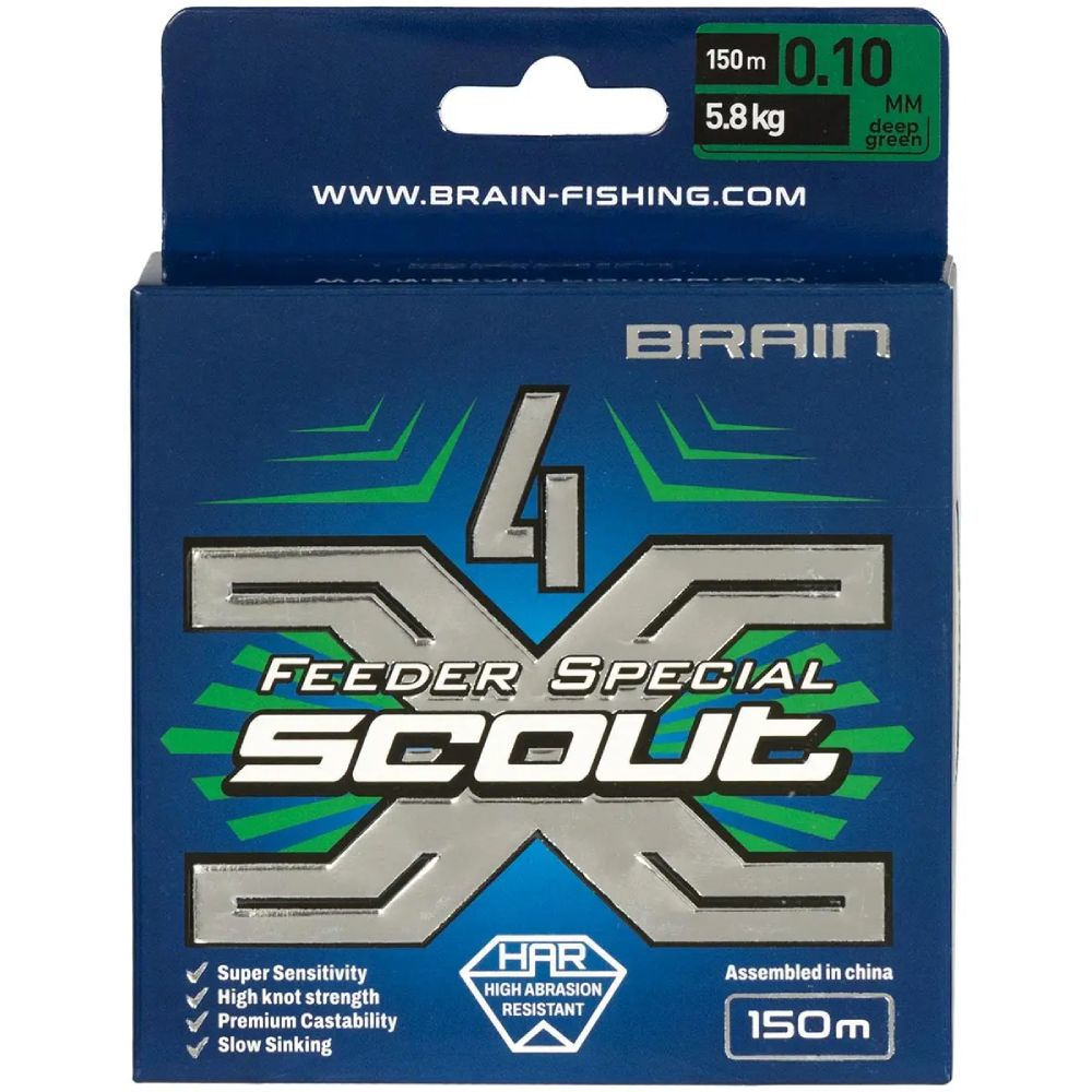 Шнур Brain Scout 4X 150 м 0.100 мм 5.8 кг Deep green (1858.55.27) нагрузка на разрыв 5.8