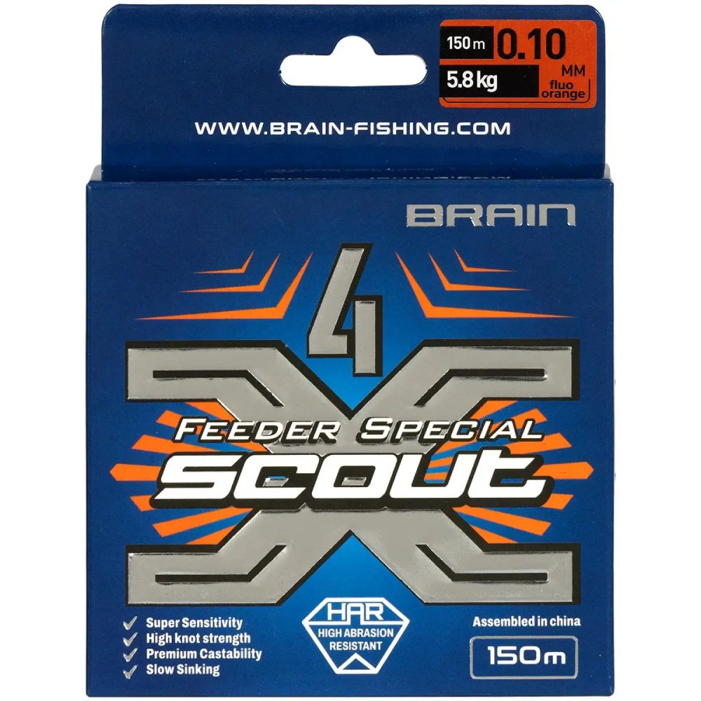 Шнур Brain Scout 4X 150 м 0.100 мм 5.8 кг Fluoro Orange (1858.55.34) нагрузка на разрыв 5.8