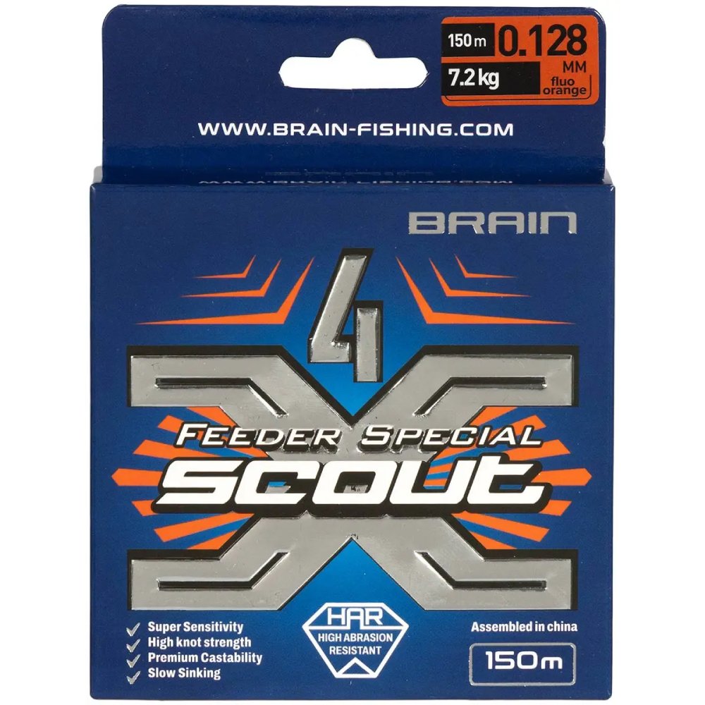 Шнур Brain Scout 4X 150 м 0.128 мм 7.2 кг Fluoro Orange (1858.55.35) нагрузка на разрыв 7.2
