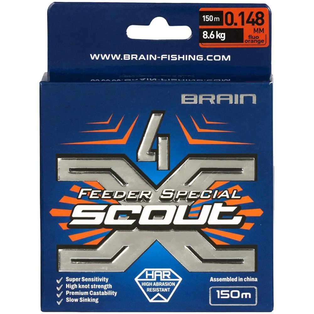 Шнур Brain Scout 4X 150 м 0.148 мм 8.6 кг Fluoro Orange(1858.55.36) нагрузка на разрыв 8.6