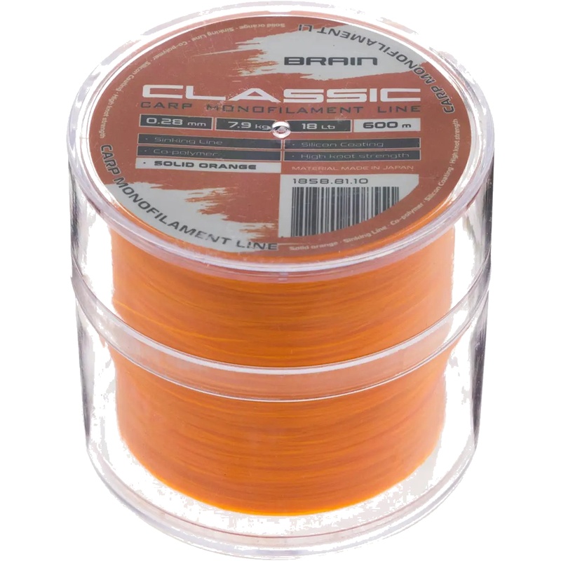 Леска BRAIN Classic Carp Line 600m 0.28mm 18lb 7.9kg Solid Orange (1858.81.10) динамическая ударная нагрузка 18
