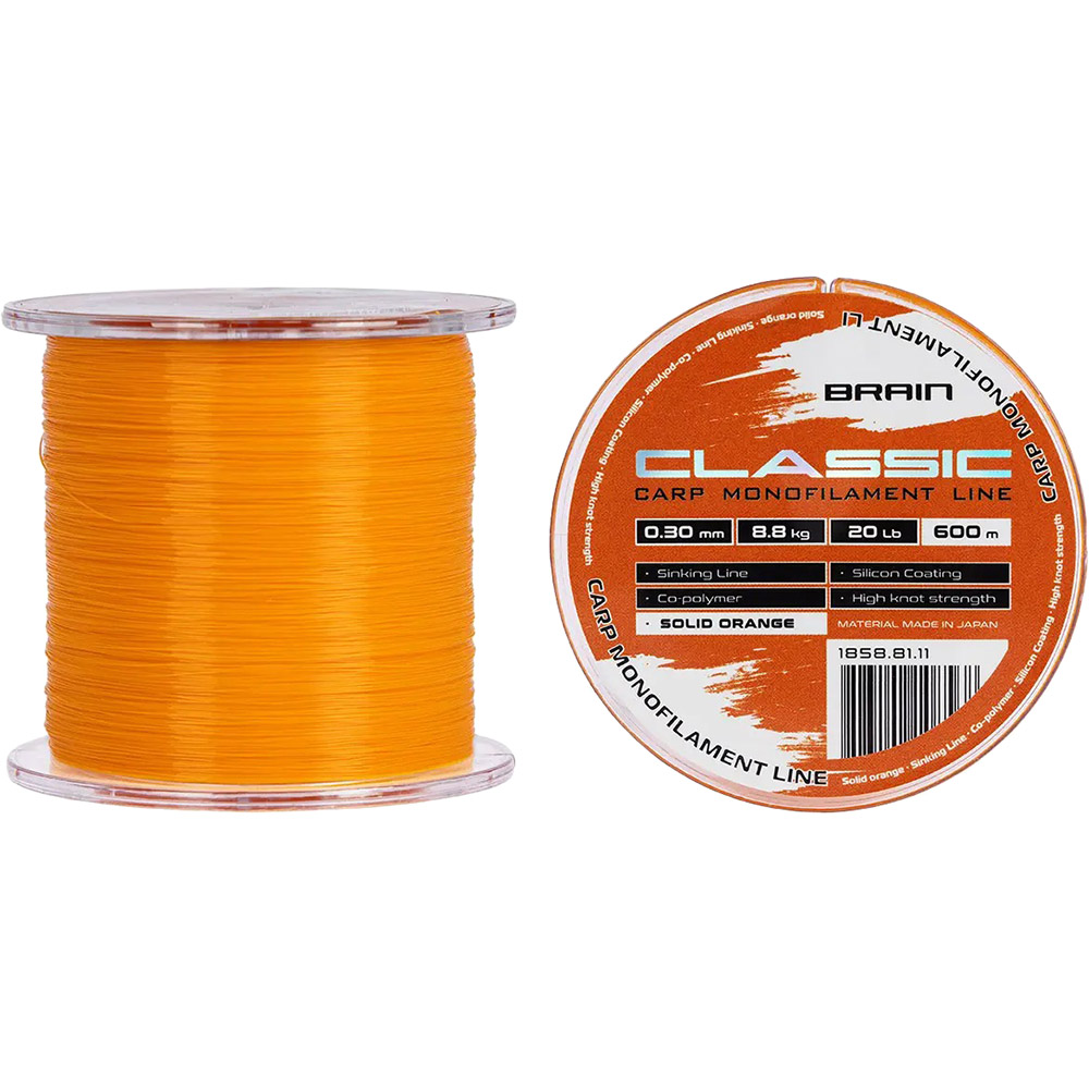 Леска BRAIN Classic Carp Line 600m 0.30mm 20lb 8.8kg Solid Orange (1858.81.11) динамическая ударная нагрузка 20