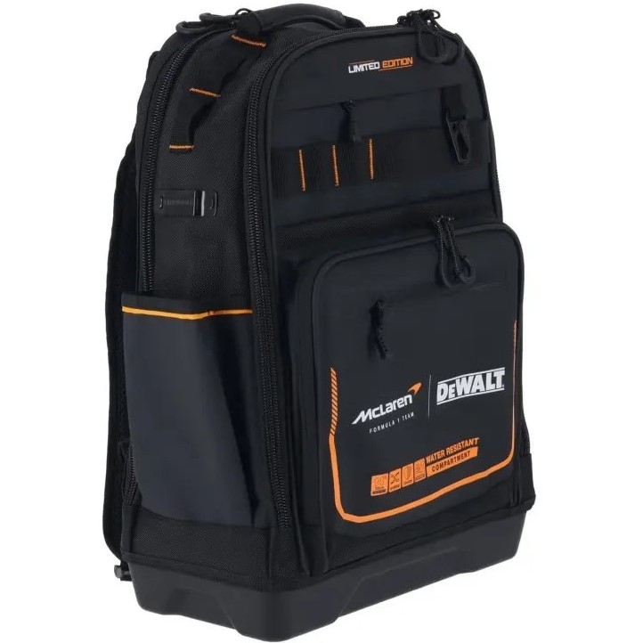 Рюкзак DEWALT McLaren PRO (DWST60122-1) Додатково Жорстка конструкція; міцний, просторий рюкзак для захисту інструментів, аксесуарів та електроніки; виконаний із міцної тканини щільністю 1680 DEN; посилена пластикова основа для максимального захисту