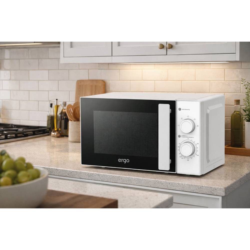 Мікрохвильова піч ERGO Y40MW Комплектація Мікрохвильова піч, скляний піддон, пластикова платформа, інструкція, гарантійний талон