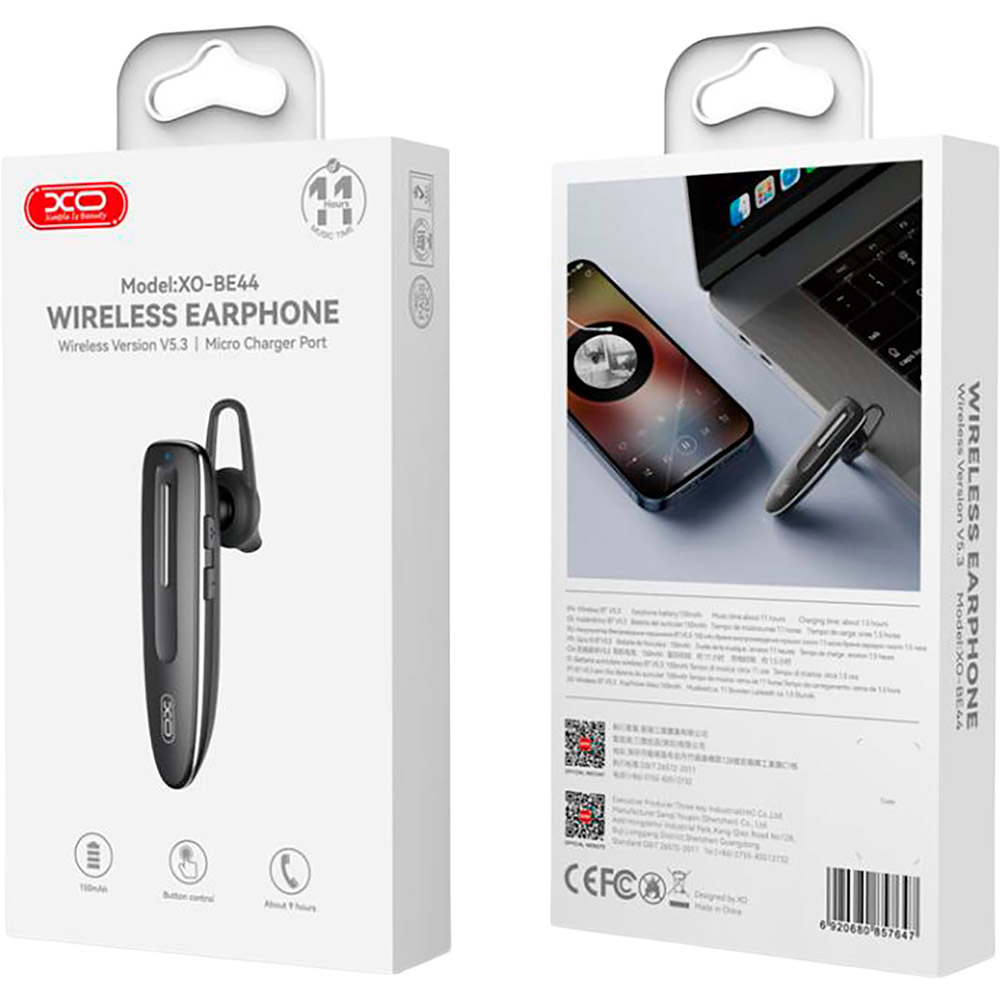 Bluetooth-гарнитура XO BE44 Black (6920680857647) Версия Bluetooth 5.3