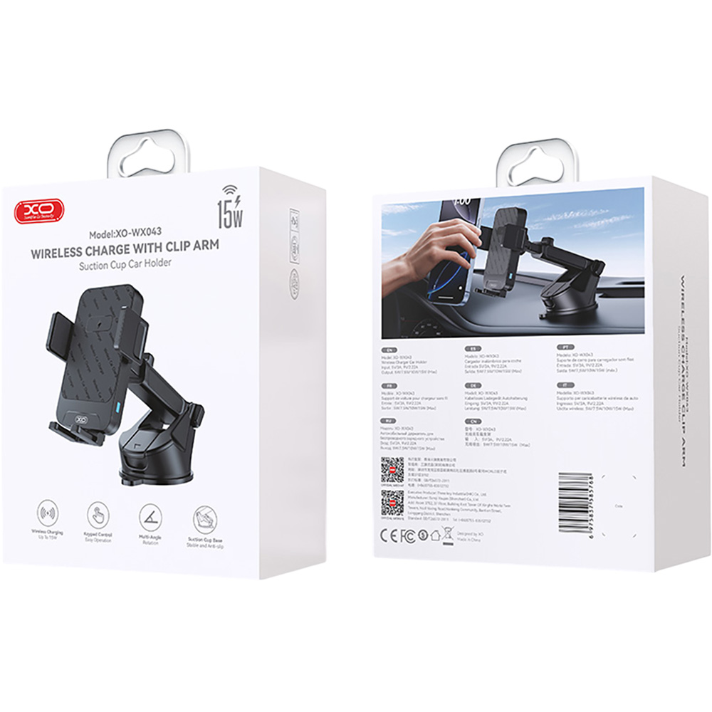 Зовнішній вигляд Автоутримувач XO Wireless 15W Black (WX043.black)