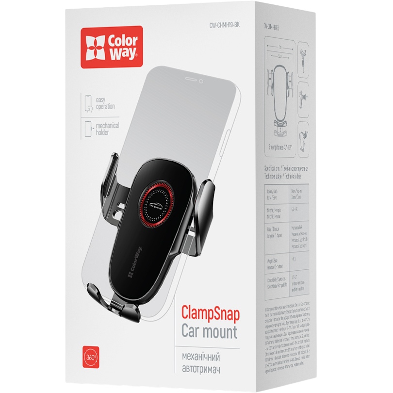 Зображення Автотримач COLORWAY ClampSnap Holder Black (CW-CHMH19-BK)