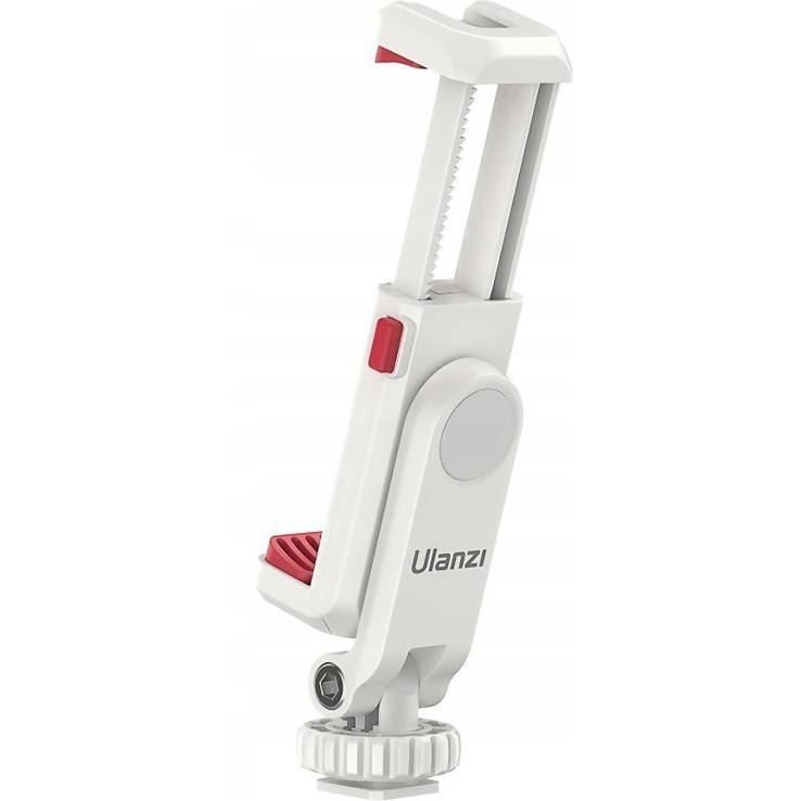 Утримувач для смартфона Ulanzi Vijim Plastic Cell Phone Holder White (UV-3057 ST-06S) Додатково поворотний механізм (горизонтально/вертикально); нахил до 170 °; для смартфонів 60-90 мм; кнопка-фіксатор; силіконові вставки; 2 кріплення «холодний черевик»; сумісний зі штативом, моноподом, кільцевою лампою, стабілізатором