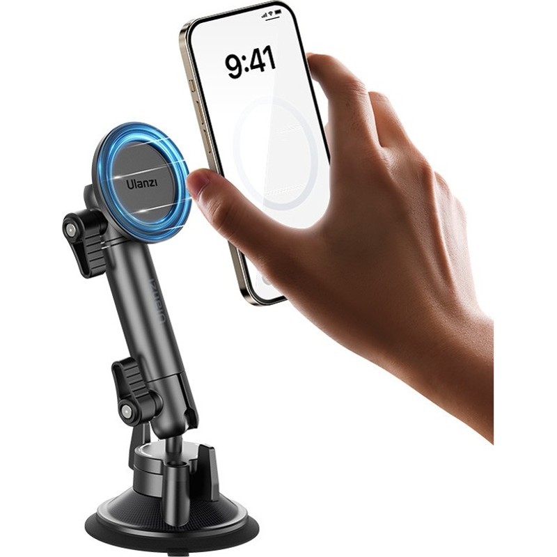 Утримувач для смартфона Ulanzi Vijim ZJ06 Suction Cup Mount (T117) Додатково магнітне кріплення (MagSafe); присоска із важелем фіксації; поворот 360 °; подвійний шарнір; телескопічна конструкція; сумісний з аксесуарами 1/4"; установка на скло, стіл та інші гладкі поверхні