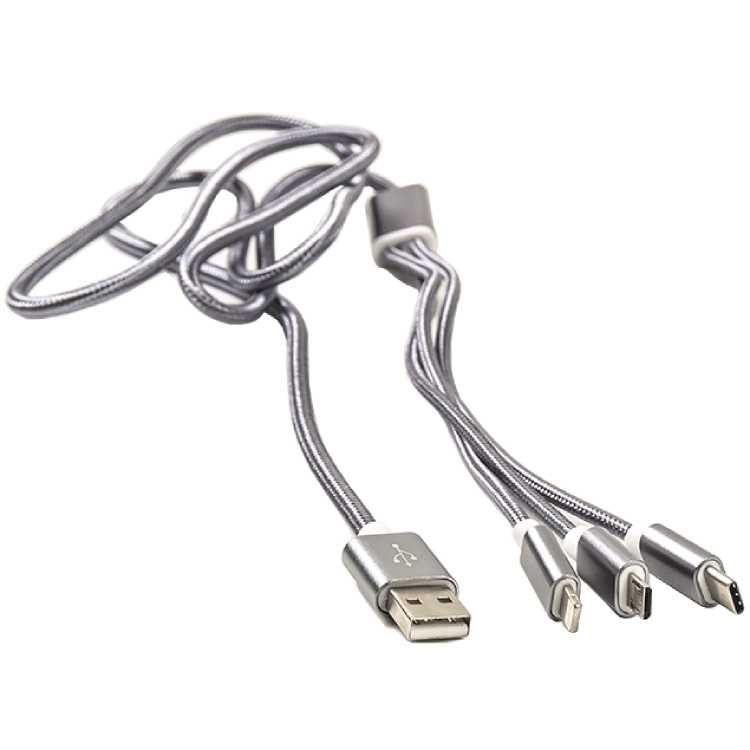 Кабель POWERPLANT USB AM - Type-C/Lightning/Micro, 1.2 м  grey (CA910663)