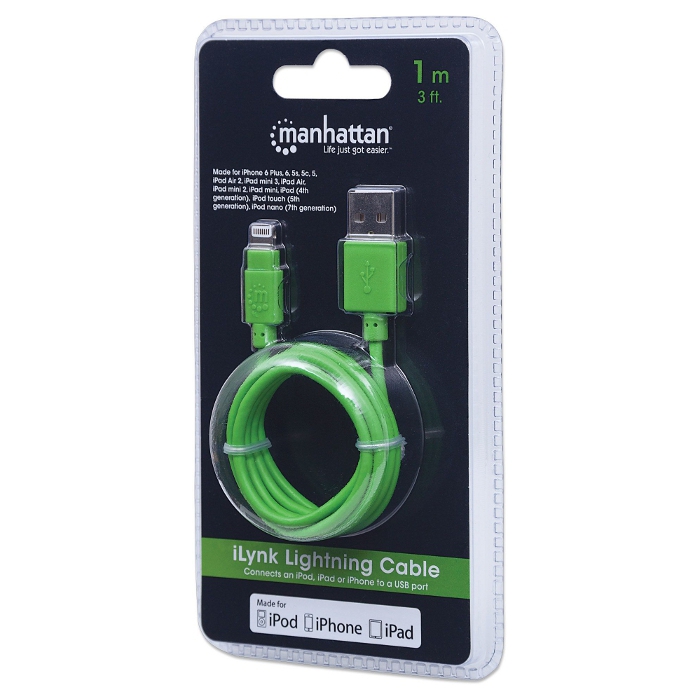 Кабель INTRACOM iPhone 6/7/Ipad 4/Pro 1.0 м Green RTL Manhattan (394215) Тип USB - Lightning