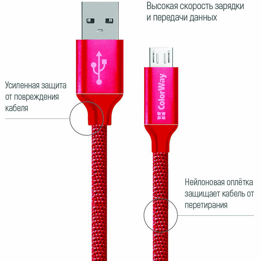 Кабель COLORWAY USB - MicroUSB 2.1 А 1м red (CW-CBUM002-RD) Тип USB - micro-USB