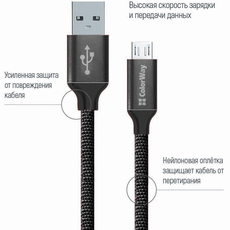 Кабель COLORWAY USB - MicroUSB 2.4 А 2м black (CW-CBUM009-BK) Тип USB - micro-USB