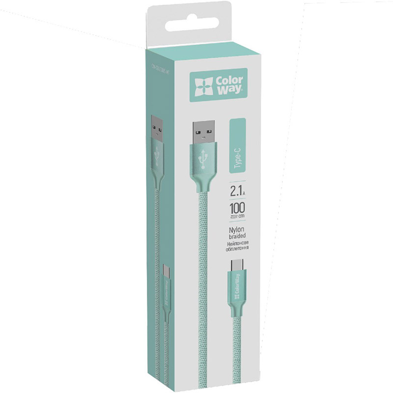 Кабель COLORWAY USB - Type-C 2.1А 1м mint (CW-CBUC003-MT) Довжина 1