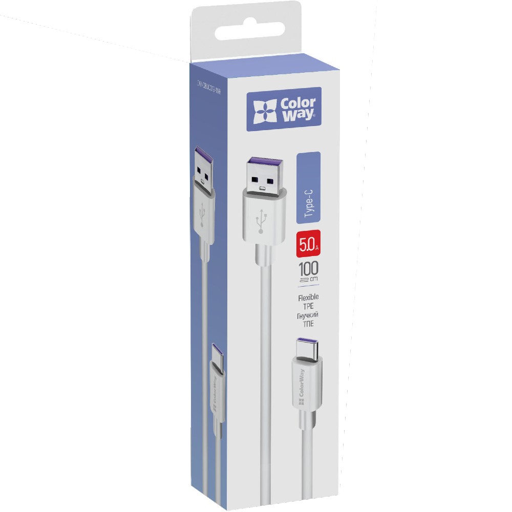Кабель COLORWAY USB - Type-C (FastCharge) 1м White (CW-CBUC019-WH) Подсветка False