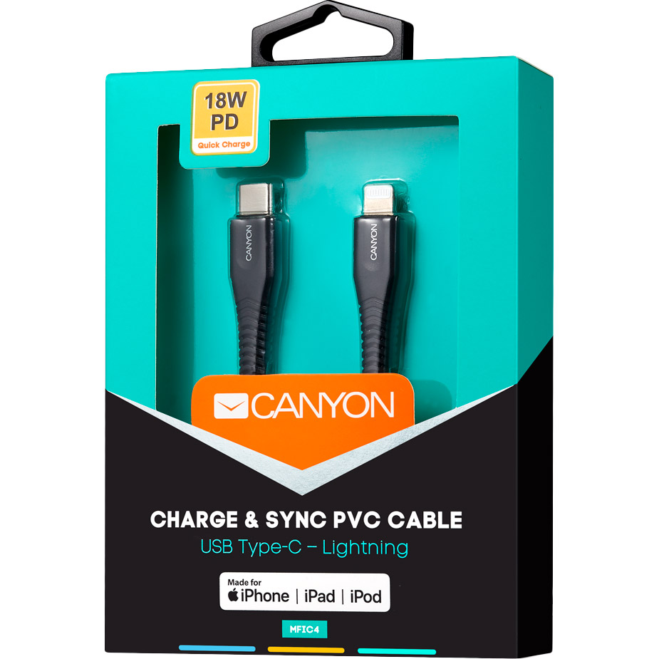 Кабель CANYON USB Type-C - Lightning 1.2 м Black (CNS-MFIC4B) Длина 1.2