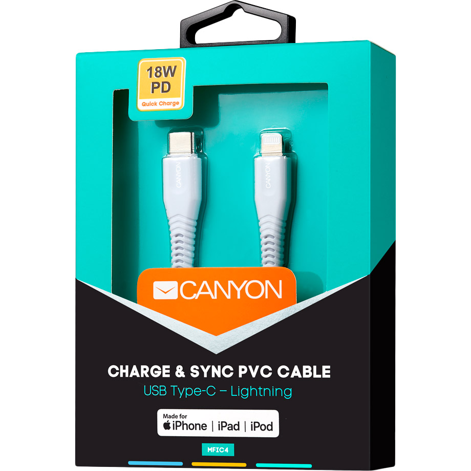 Кабель CANYON USB Type-C - Lightning 1.2 м White (CNS-MFIC4W) Довжина 1.2