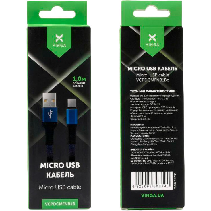 Кабель VINGA USB 2.0 AM to Micro 5P 1.0 m flat nylon blue (U0311021) Підсвітка False