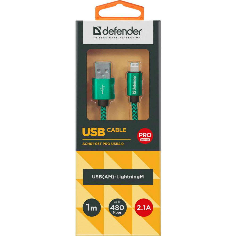 Кабель DEFENDER ACH01-03T USB AM - Lighting 1 м 2.1 A Green (87810) Тип USB - Lightning