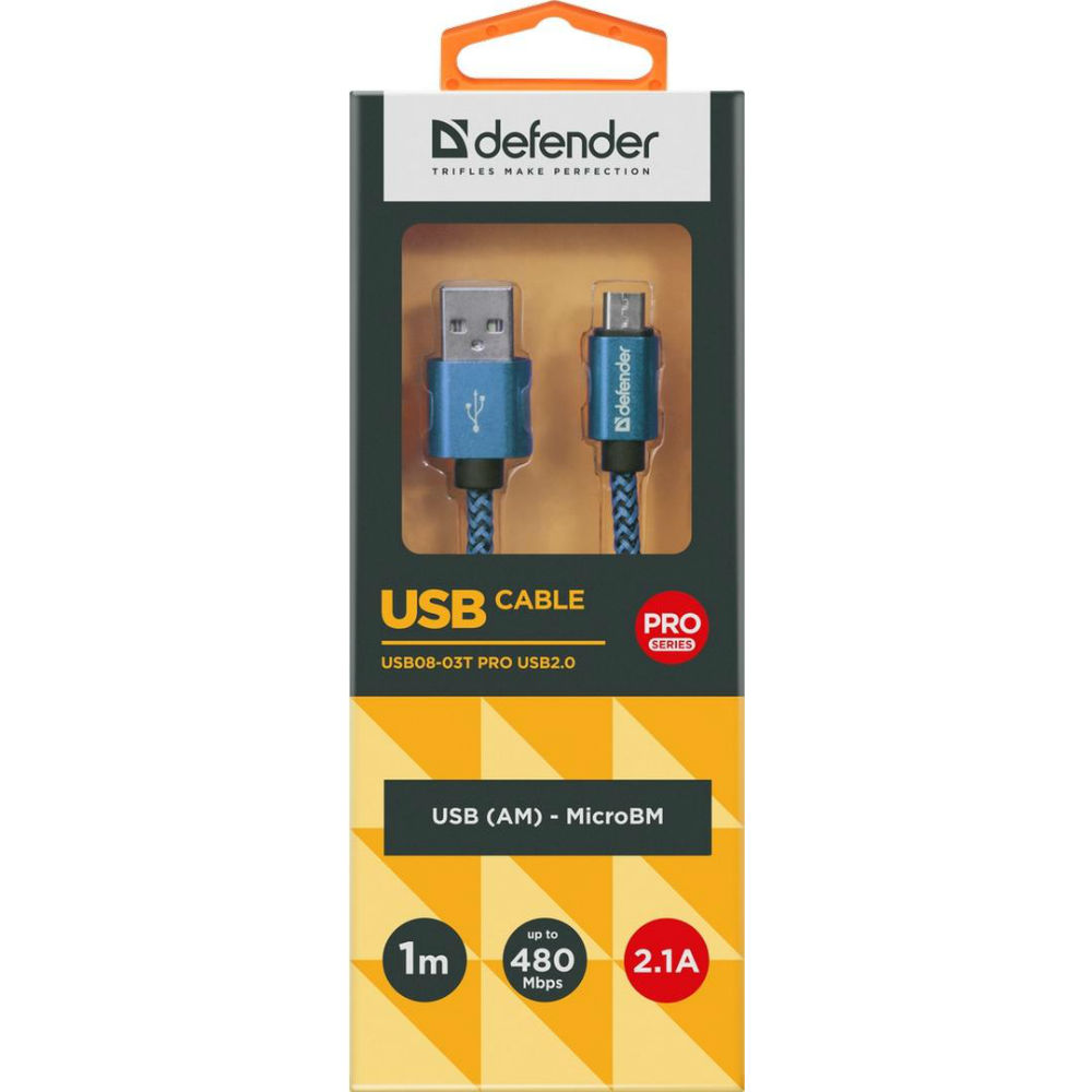 Кабель DEFENDER USB08-03T USB AM - MicroBM 1 м 2.1 А Blue (87805) Тип USB - micro-USB