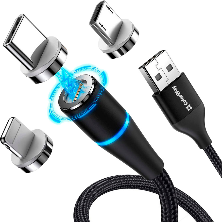 Кабель COLORWAY Magnetic Data/QC USB – Lightning/micro-USB/USB Type-C Black 1 м (CW-CBUU038-BK) Тип USB – Lightning/micro-USB/USB Type-C